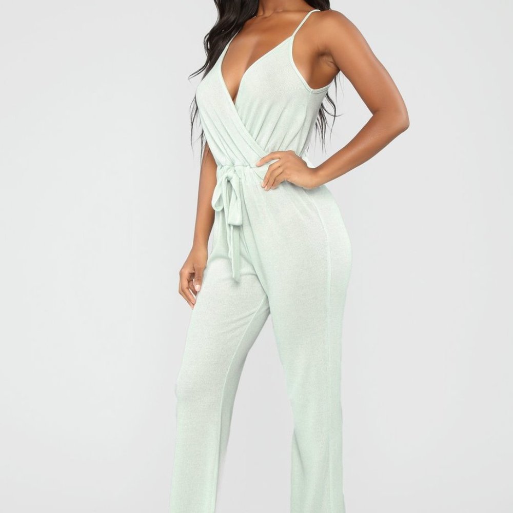 Fashion Nova M Mint Green Knit Faux Wrap Jumpsuit